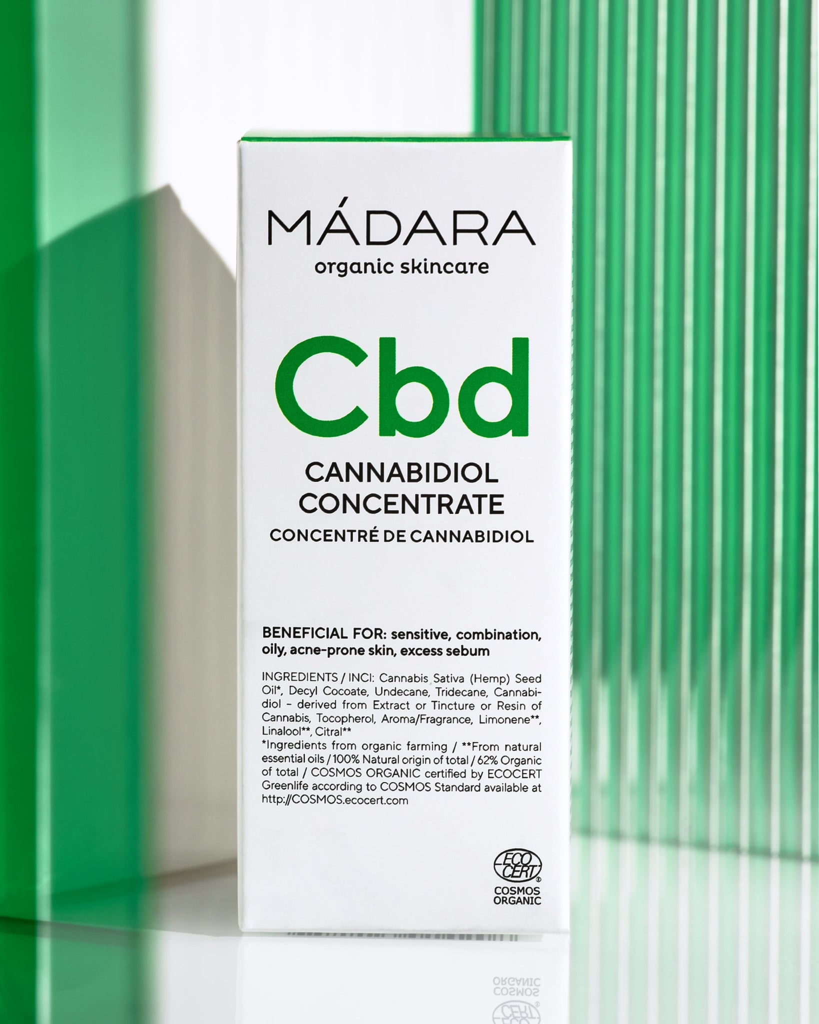 MÁDARA Organic Skincare hemp seed cbd oil A3262 face oil product photo on plain background.