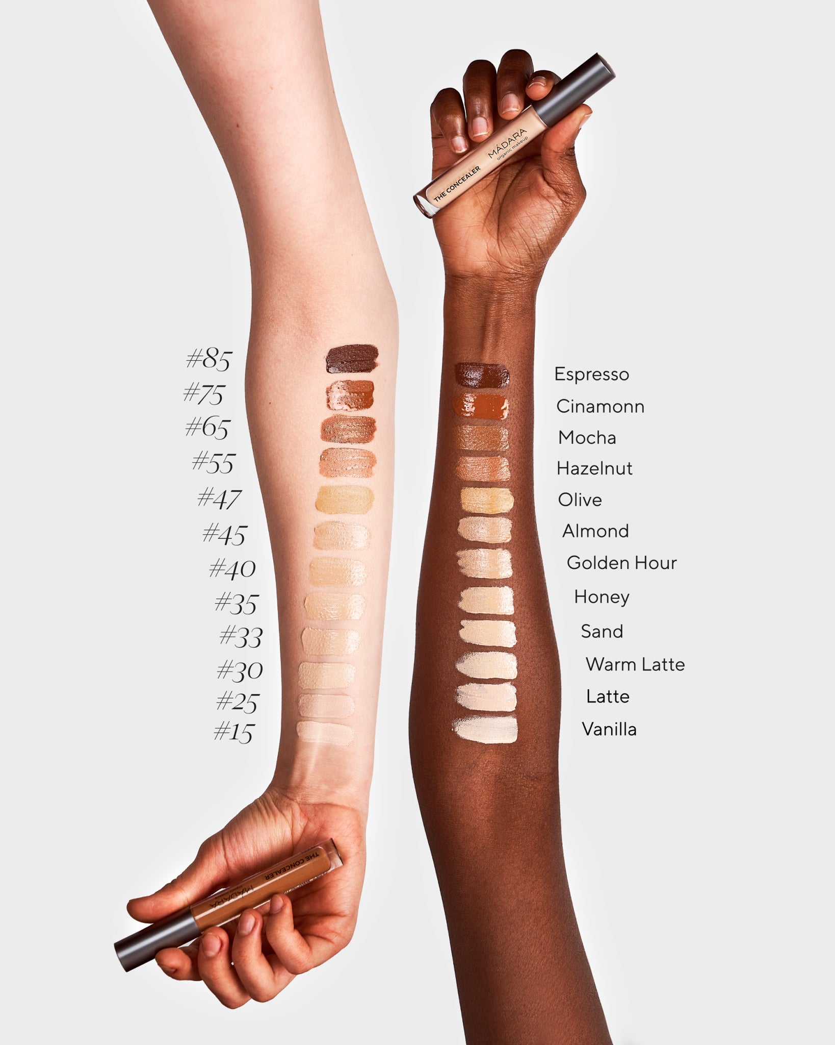 Texture close-up of MÁDARA Organic Skincare concealer swatches A6116 concealer �swatch demonstrates consistency and finish.