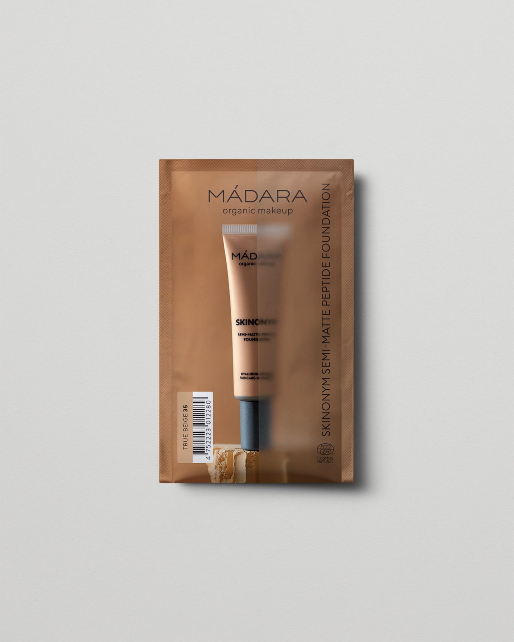 MÁDARA Organic Skincare semi matte peptide foundation true beige 2ml SC6084 2 foundation product photo on plain background.