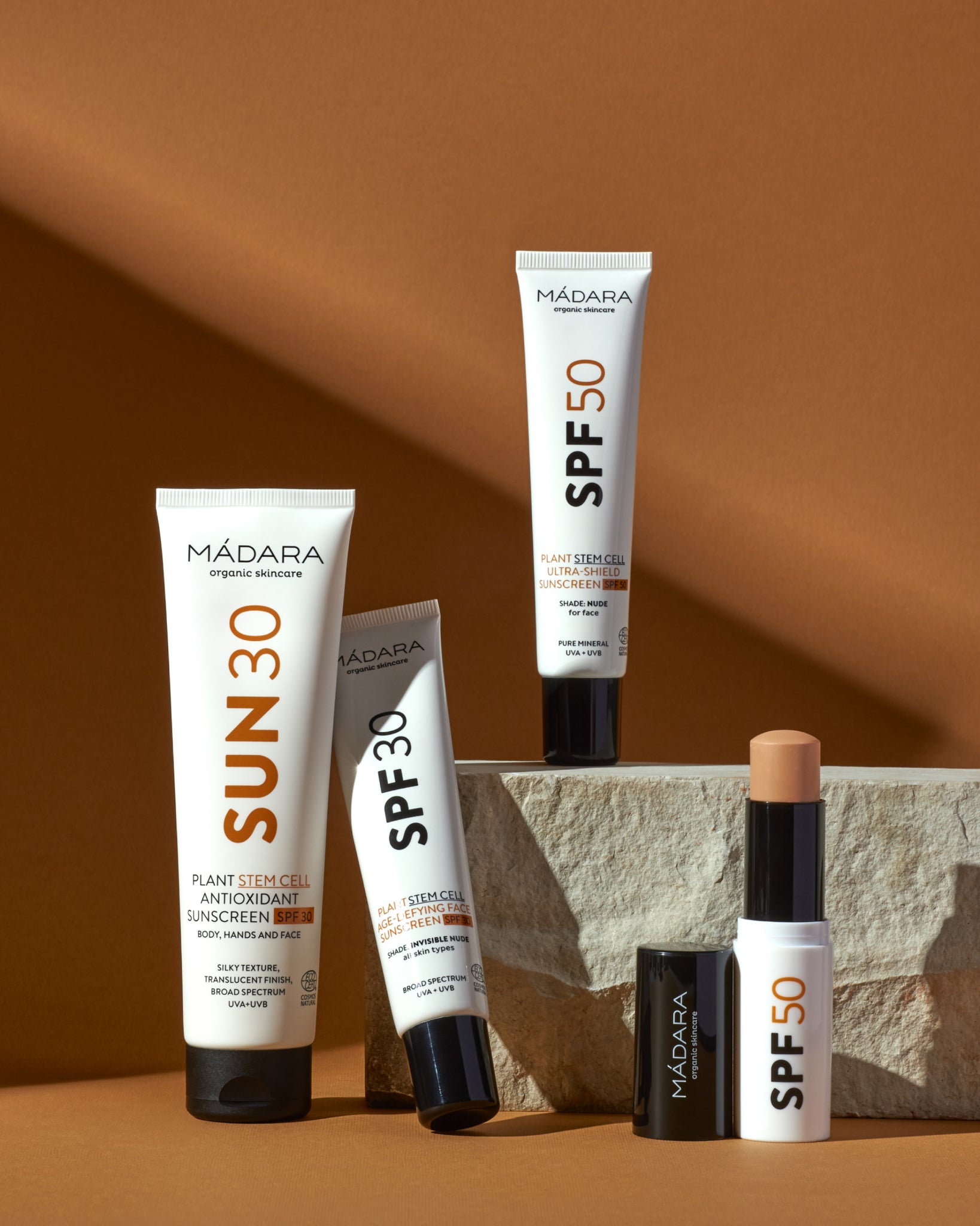 MÁDARA Organic Skincare spf collection A3401 mineral sunscreen product photo on plain background.