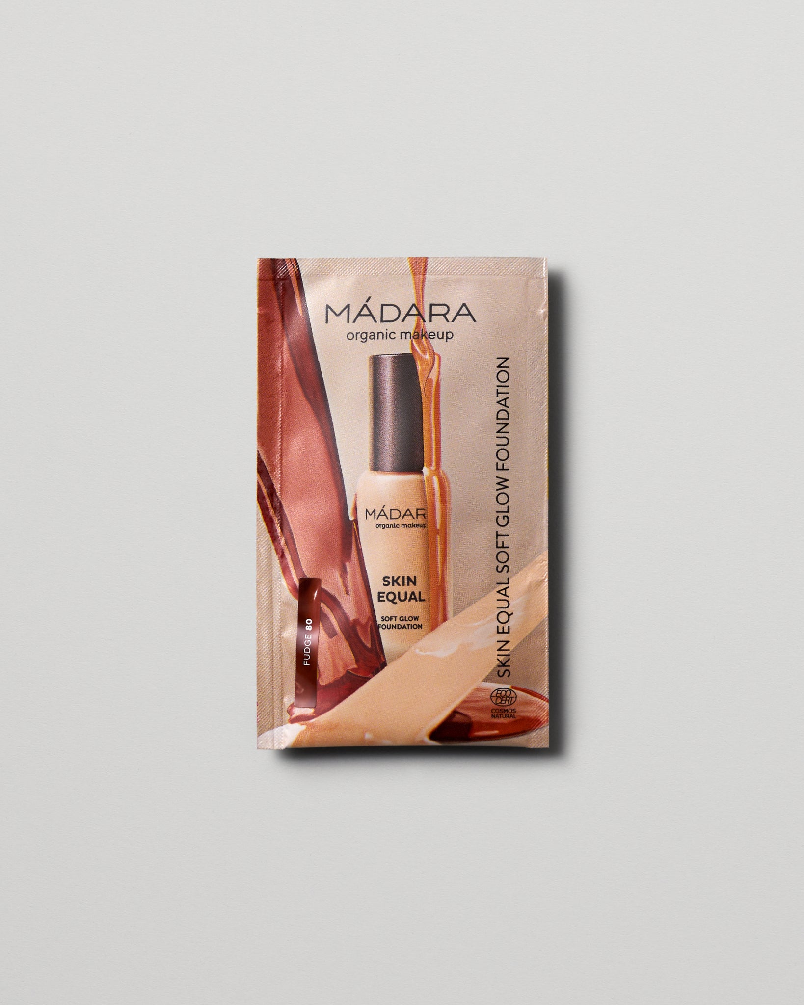 MÁDARA Organic Skincare soft glow foundation spf15 fudge 2ml SC6065 2 foundation product photo on plain background.